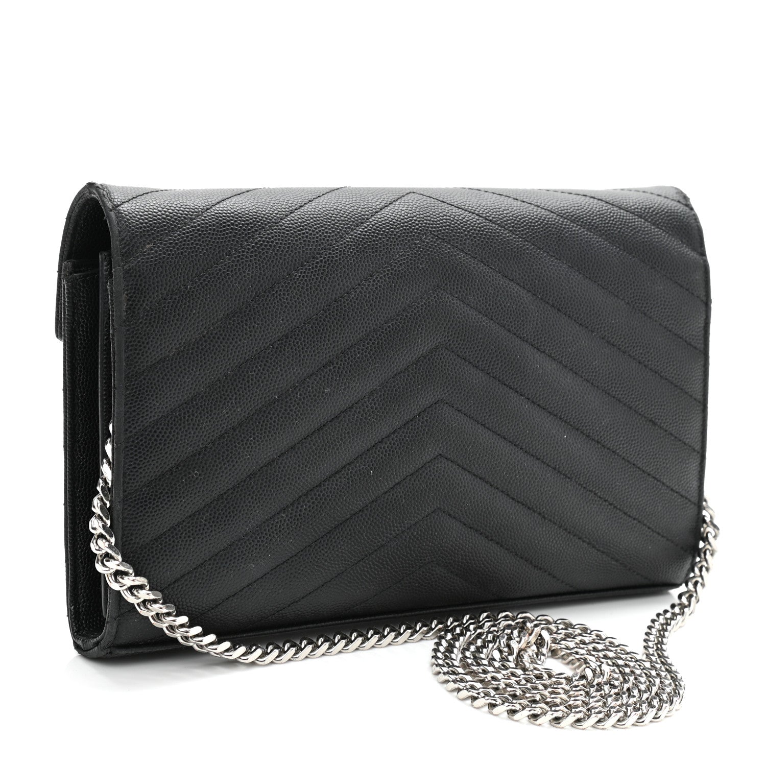 Saint Laurent Grain De Poudre Matelasse Chevron Monogram Chain Wallet Black 3 of 13