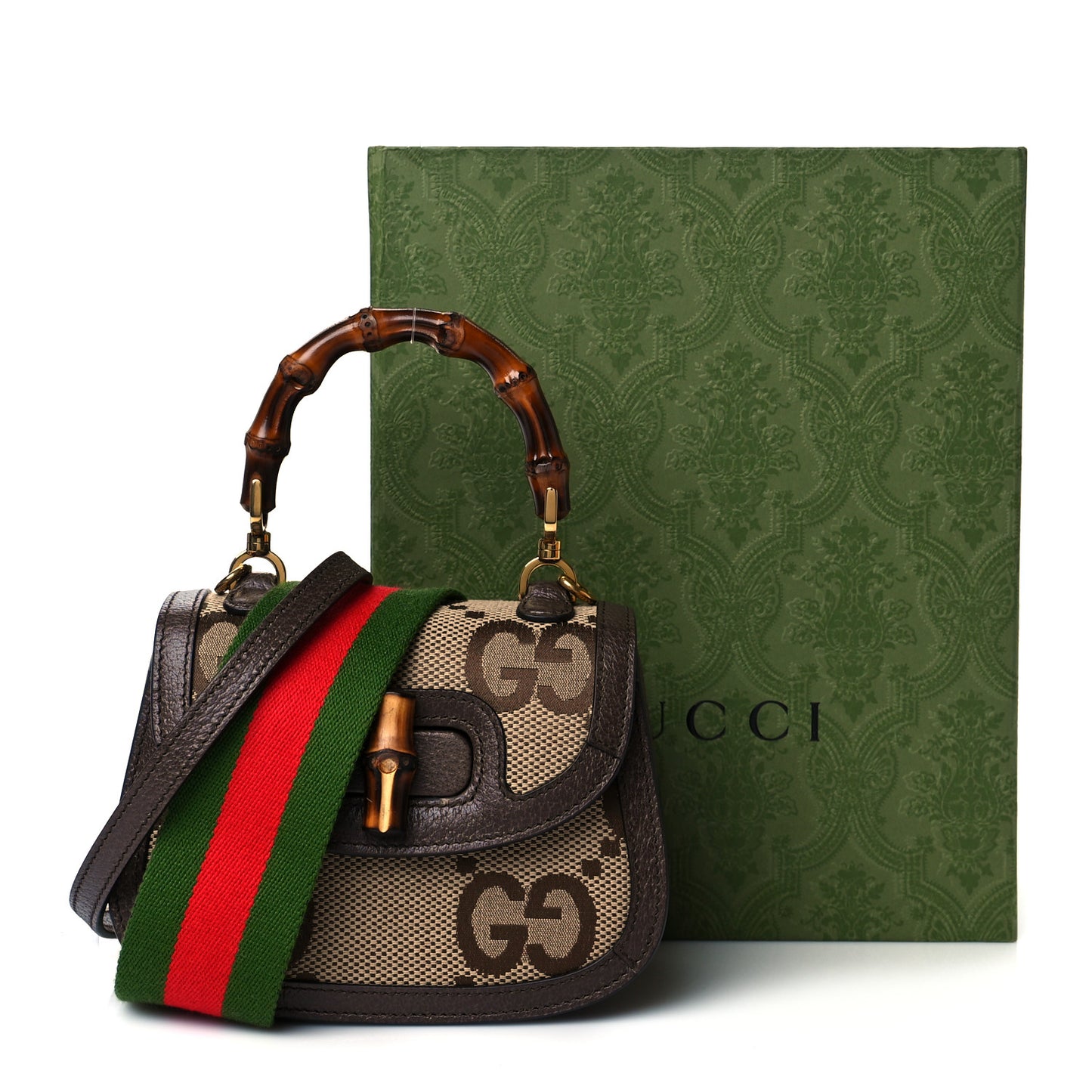 Monogram Jumbo GG Textured Dollar Calfskin Web Mini Bamboo 1947 Top Handle Bag Camel Ebony New Acero