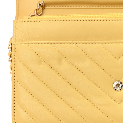 Chanel Lambskin Chevron Quilted Wallet On Chain WOC Yellow 9 of 12