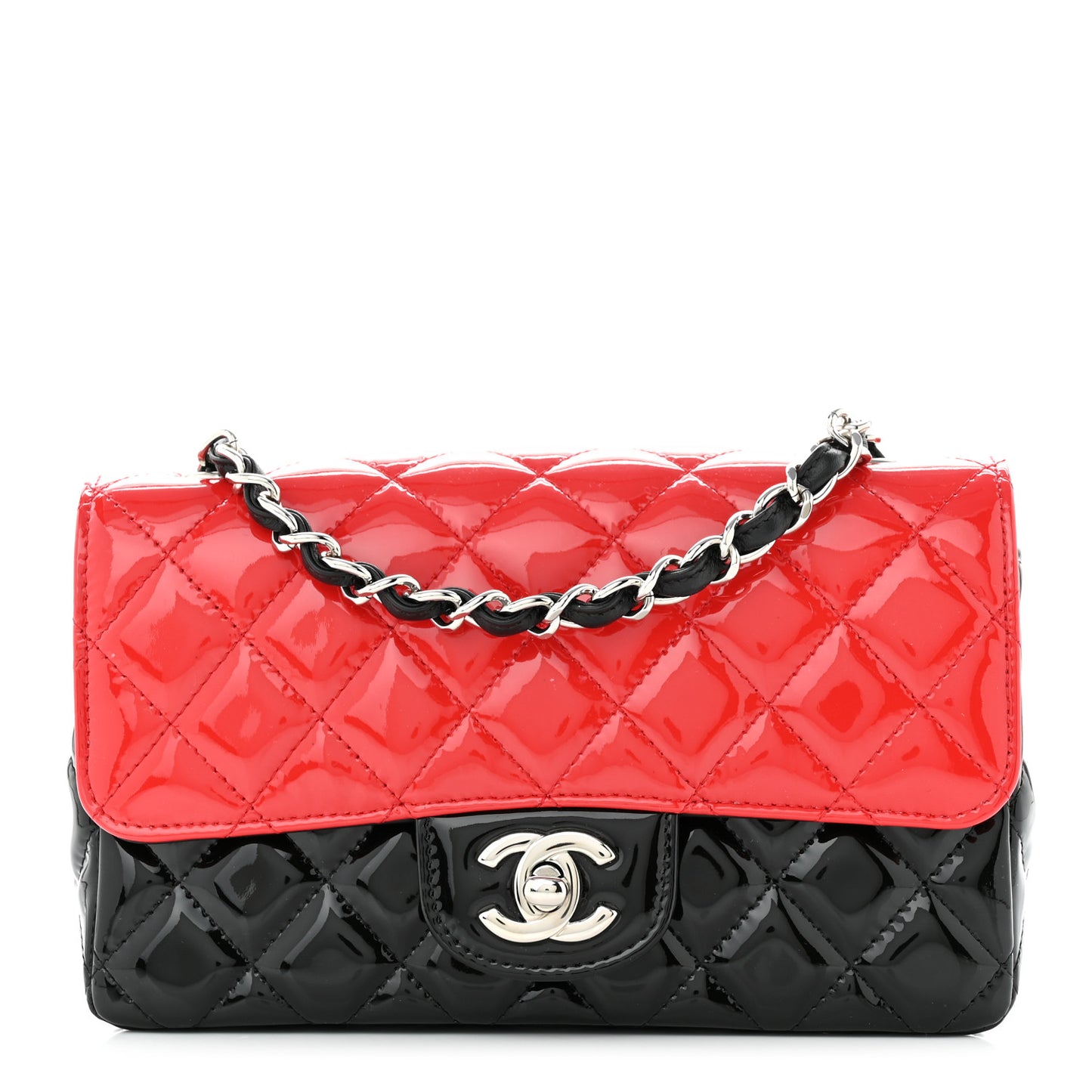 Patent Calfskin Quilted Bi-Color Mini Rectangular Flap Red Black