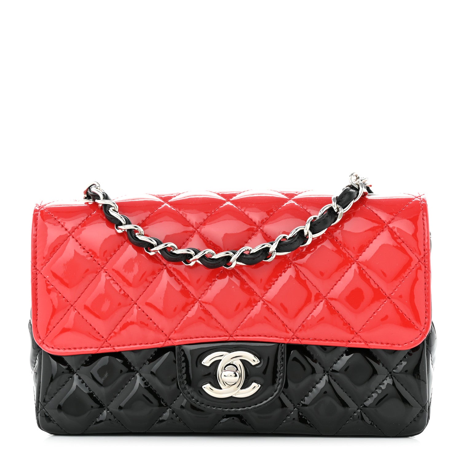 Chanel Patent Calfskin Quilted Bi-Color Mini Rectangular Flap Red Black 1 of 10