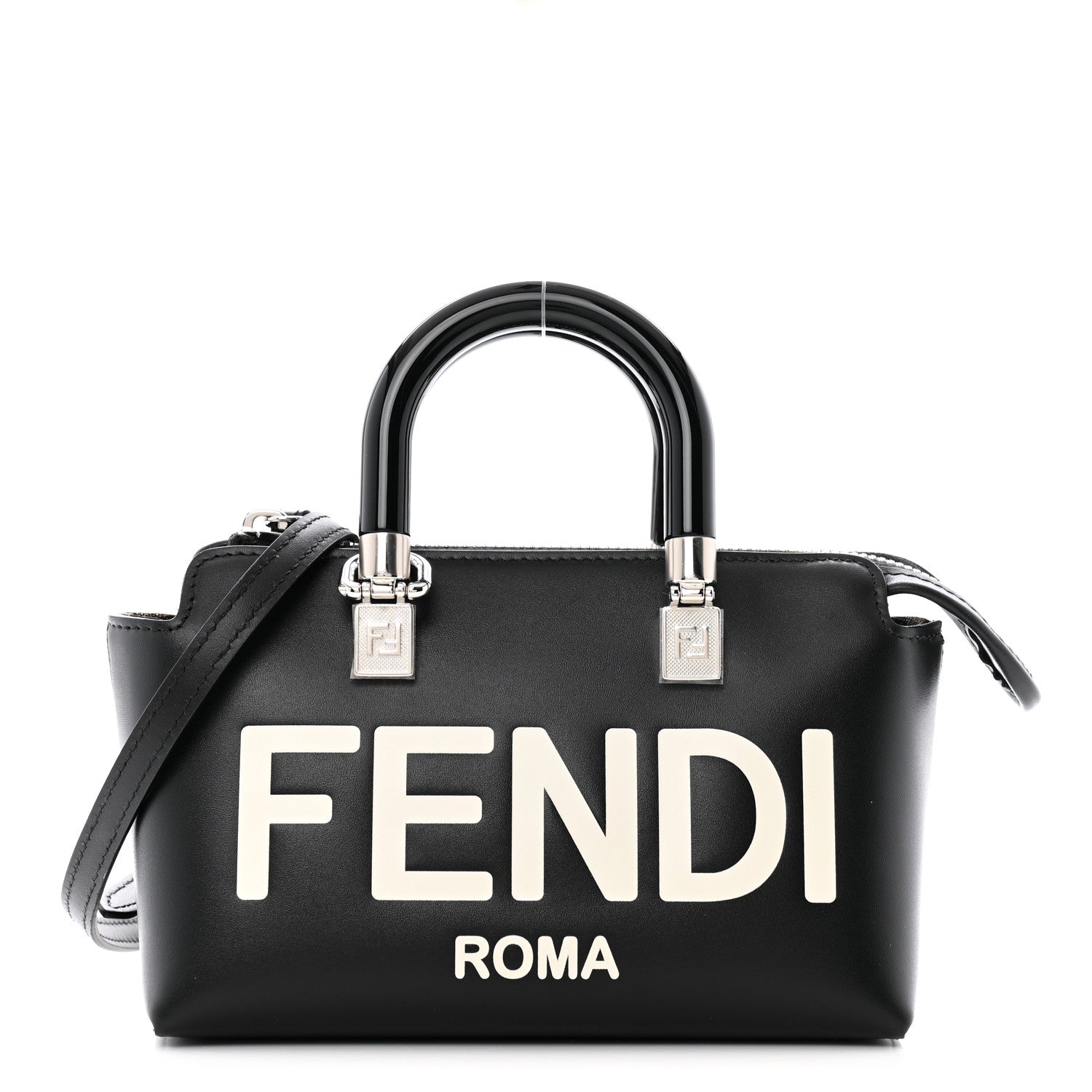 Fendi Vitello King Plexiglass Logo Embossed Mini By The Way Top Handle Boston Bag Black White 1 of 12
