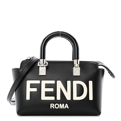 Fendi Vitello King Plexiglass Logo Embossed Mini By The Way Top Handle Boston Bag Black White 1 of 12