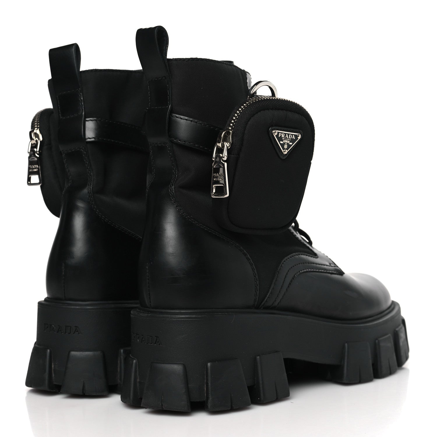Prada Spazzolato Rois Nylon Metal Triangle Logo Monolith Pouch Pocket 55mm Boots 40 Black 4 of 8