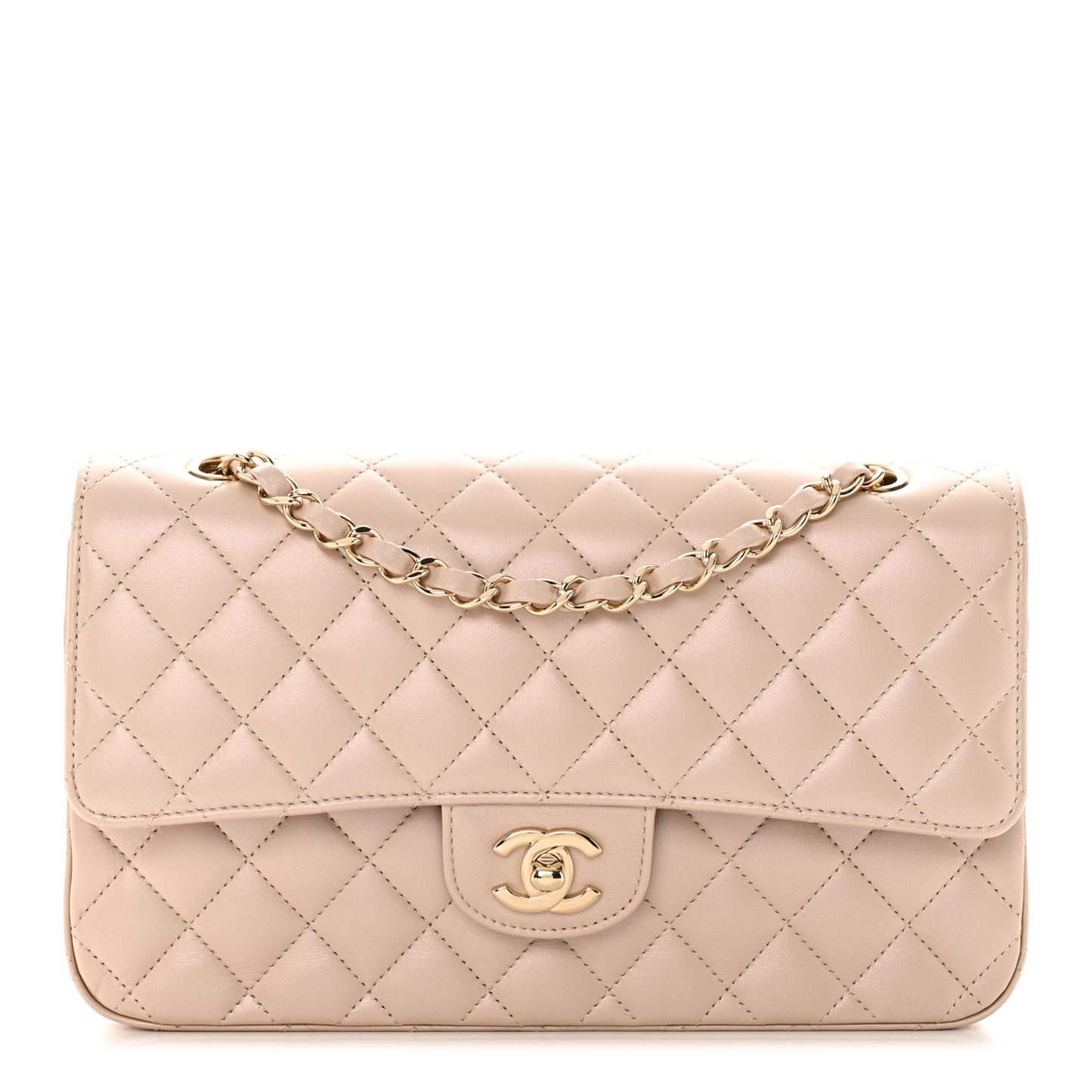 Iridescent Lambskin Quilted Medium Double Flap Light Beige