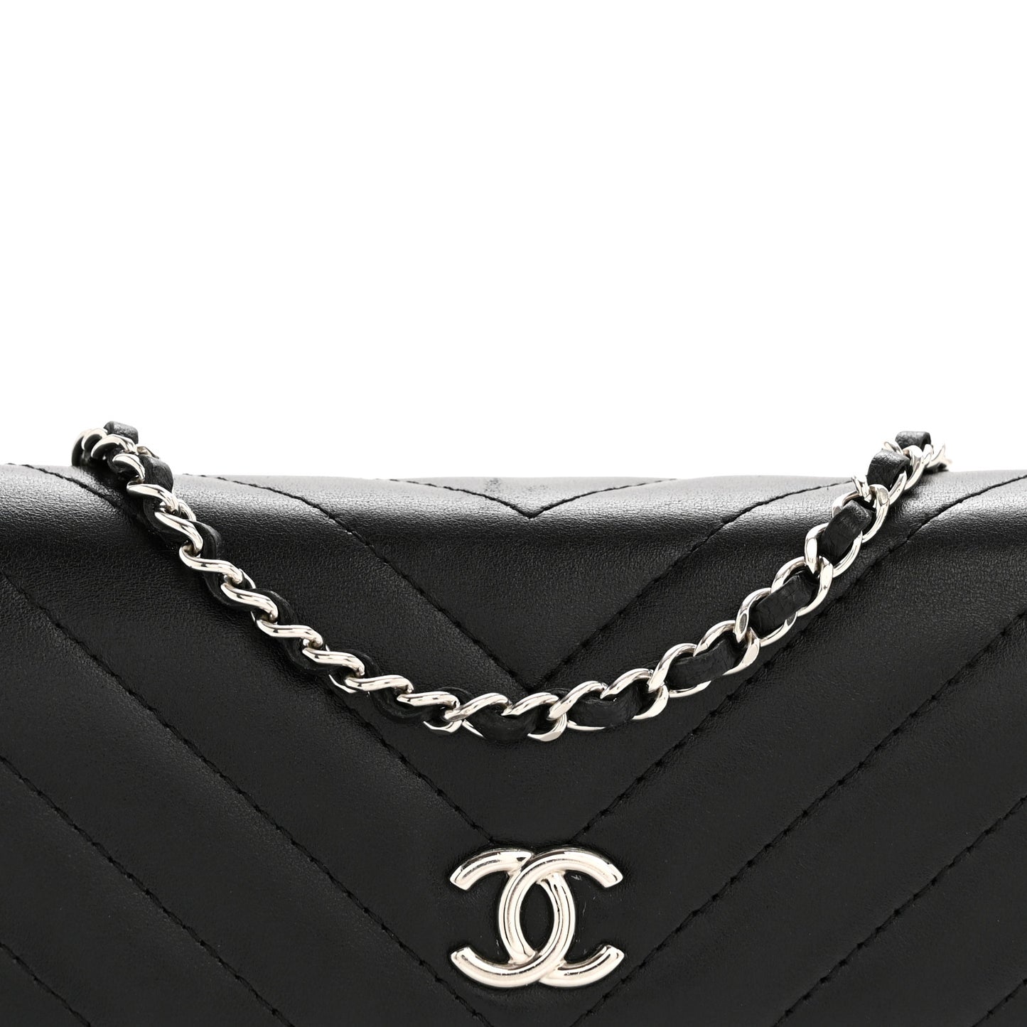 Lambskin Chevron Quilted Studded Wallet On Chain WOC Black