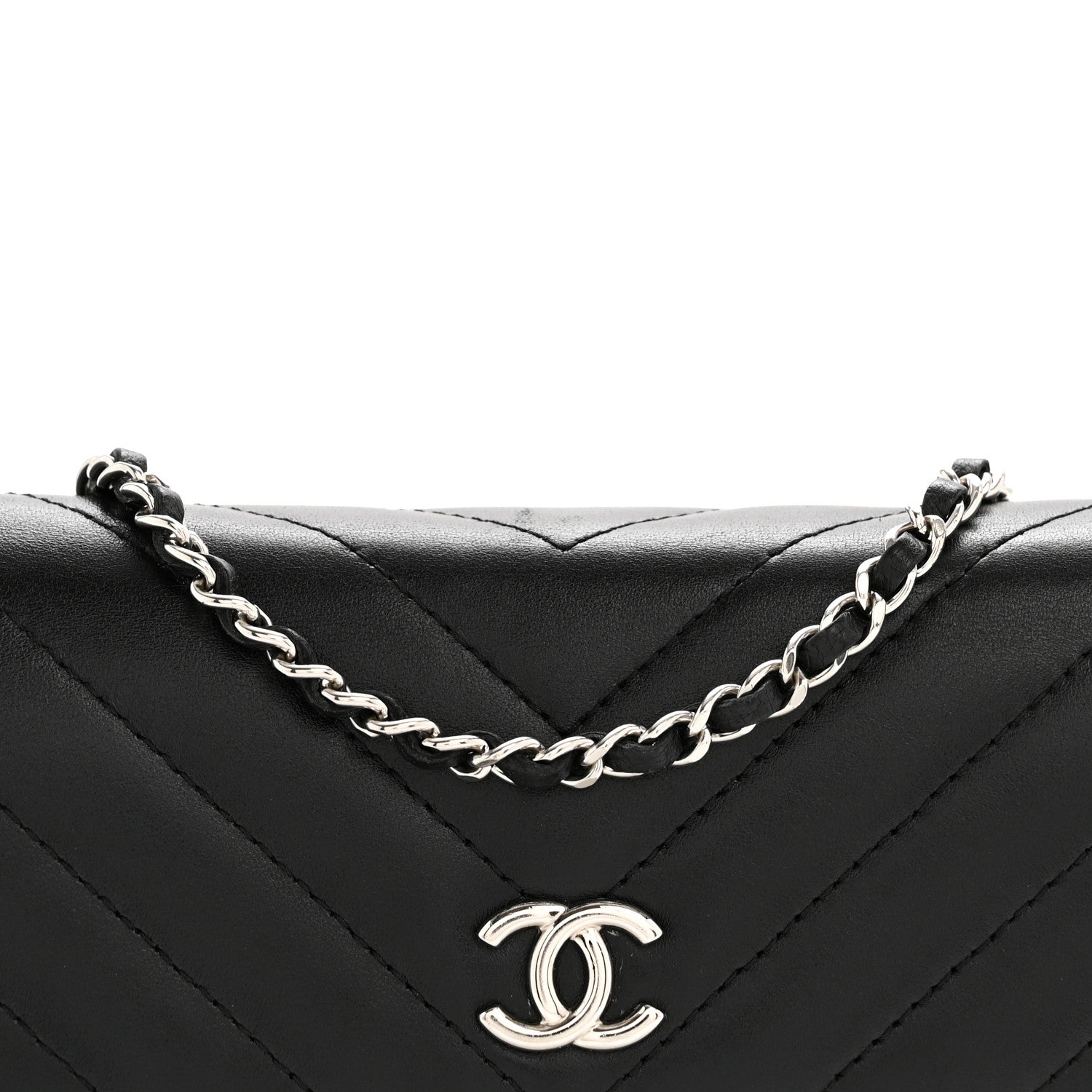 Chanel Lambskin Chevron Quilted Studded Wallet On Chain WOC Black 9 of 13