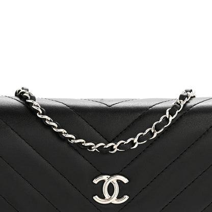Chanel Lambskin Chevron Quilted Studded Wallet On Chain WOC Black 9 of 13