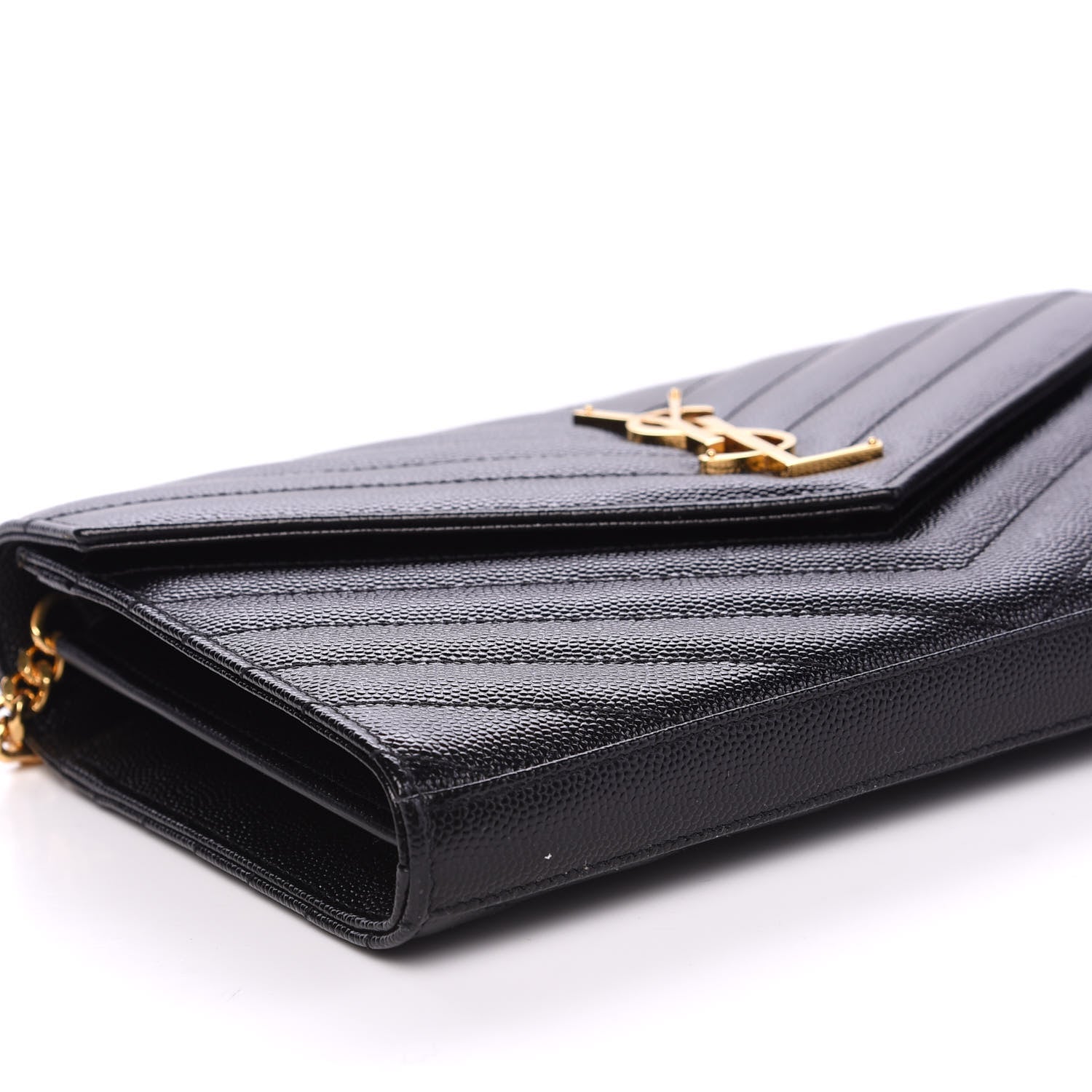 Saint Laurent Grain De Poudre Matelasse Chevron Monogram Chain Wallet Black 6 of 9