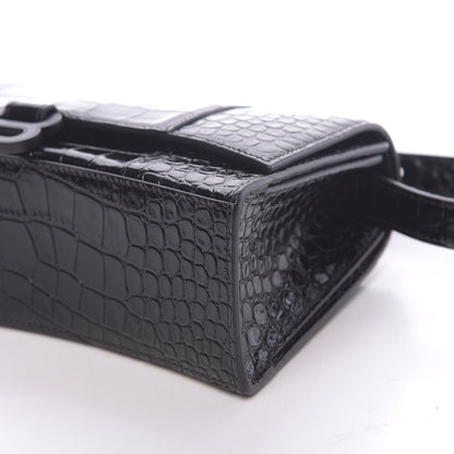 Balenciaga Shiny Calfskin Monochrome Crocodile Embossed Small Hourglass Sling Shoulder Bag Black 8 of 9