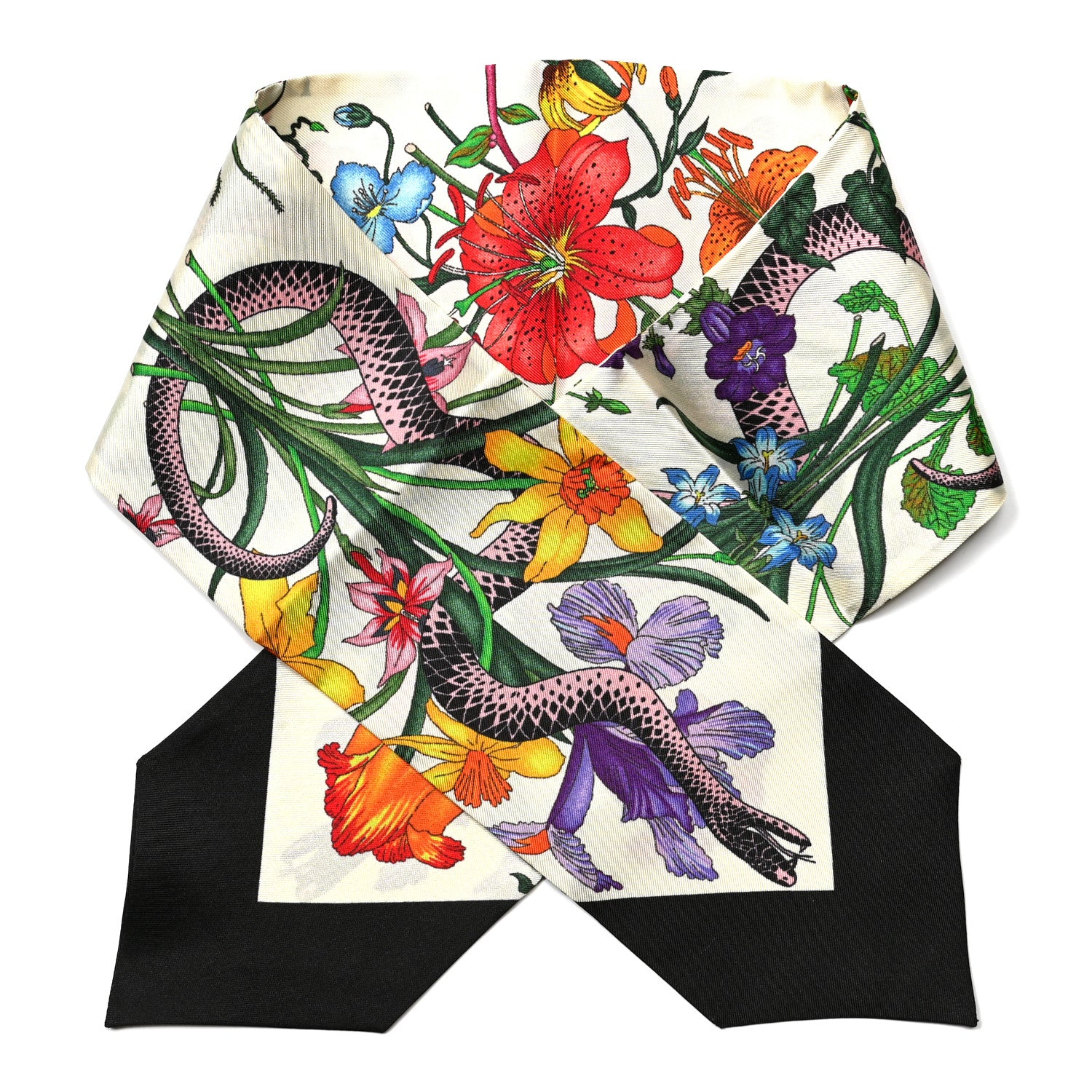 Gucci Silk Twill Flora Snake Neck Bow Scarf Ivory Black 1 of 5