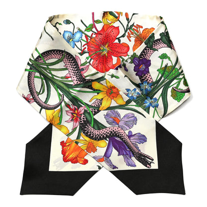 Gucci Silk Twill Flora Snake Neck Bow Scarf Ivory Black 1 of 5