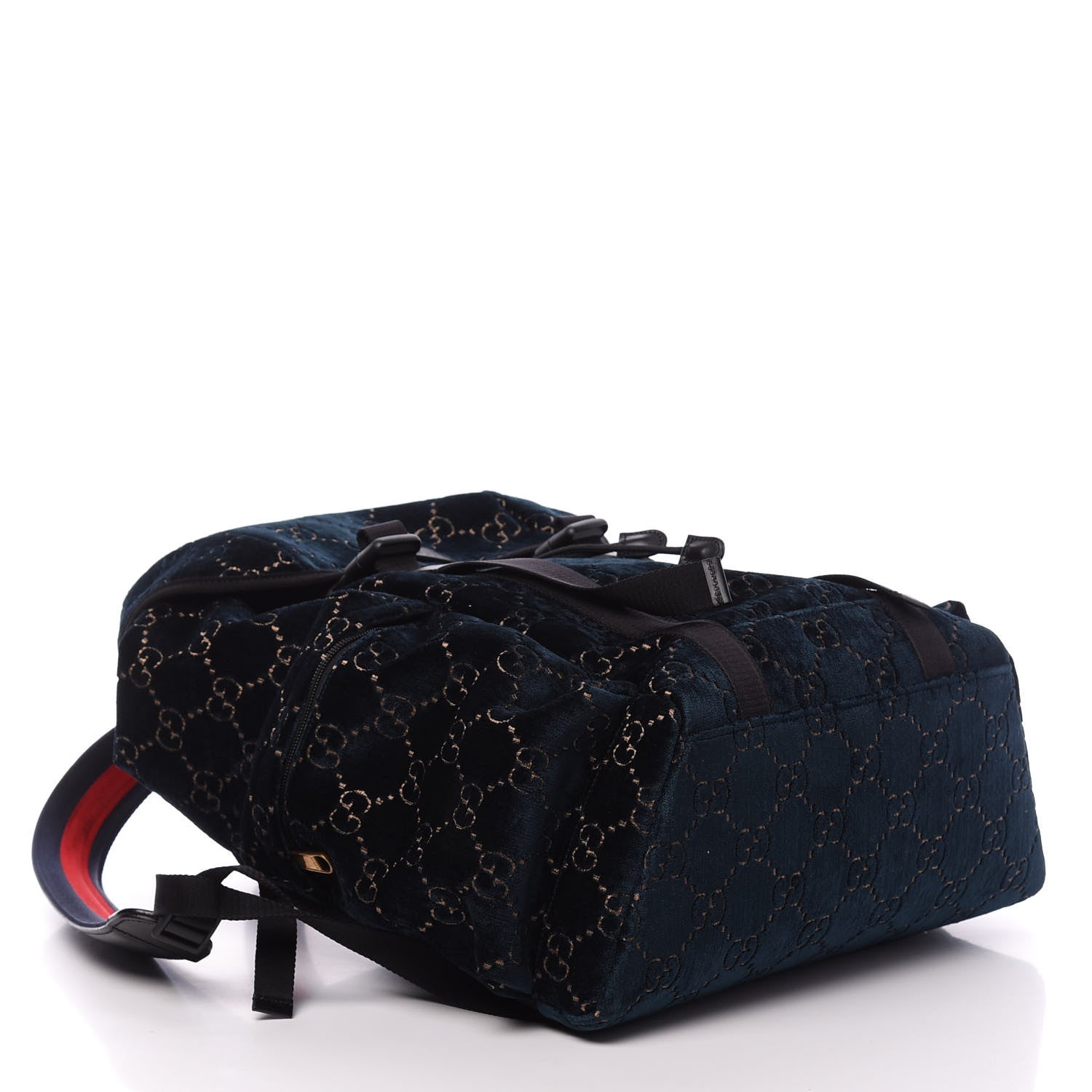 Gucci Velvet GG Monogram Web Medium Double Buckle Backpack Blue Beige Black 3 of 9