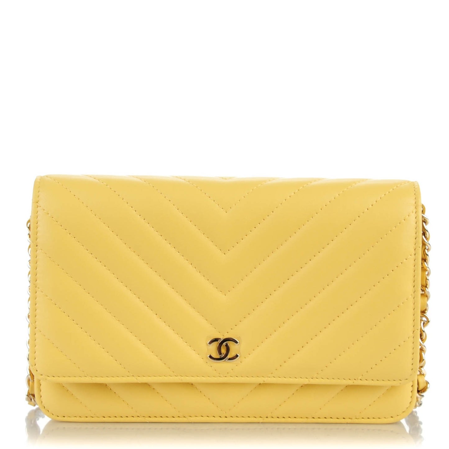 Lambskin Chevron Quilted Wallet On Chain WOC Yellow