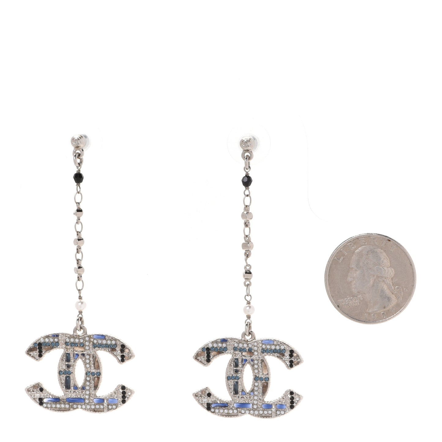 Pearl Crystal CC Tweed Drop Earrings Silver Blue Black