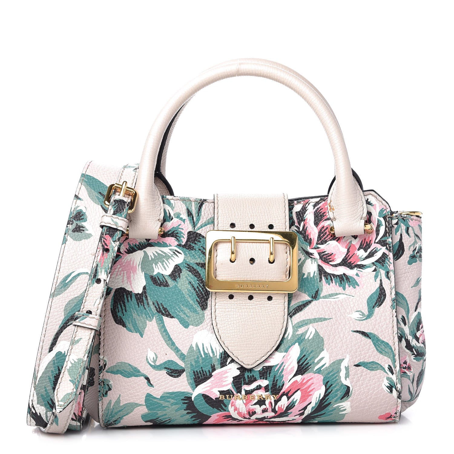Burberry Soft Grain Calfskin Floral Print Medium Buckle Tote Natural Emerald Green 1 of 12