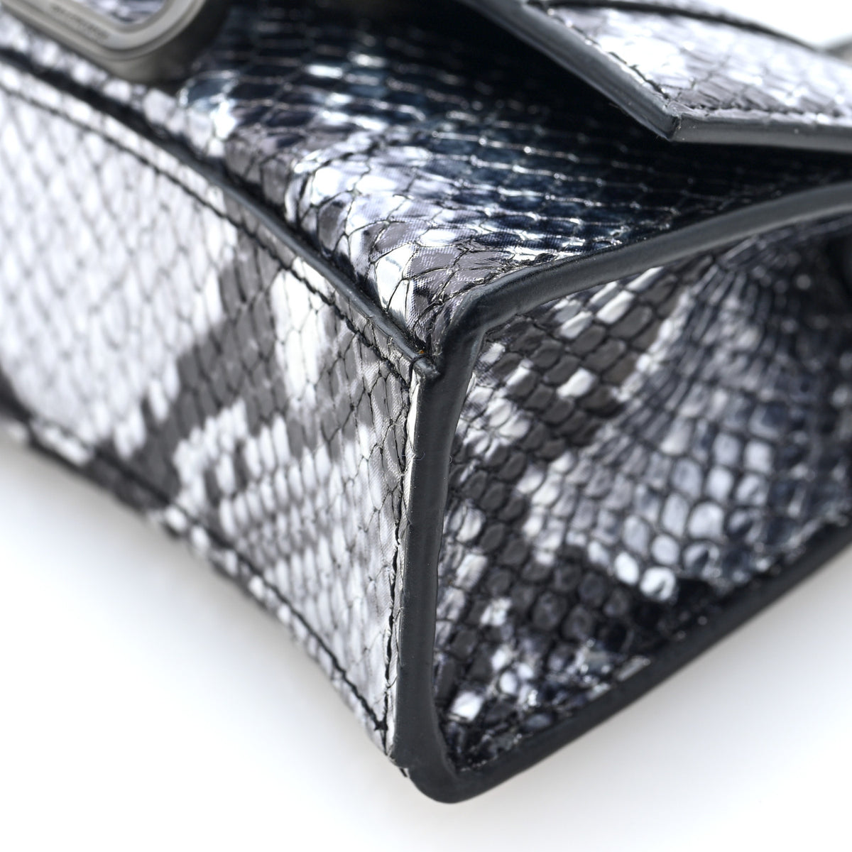 Shiny Calfskin Snakeskin Effect Hourglass Top Handle Bag Mini Silver Black