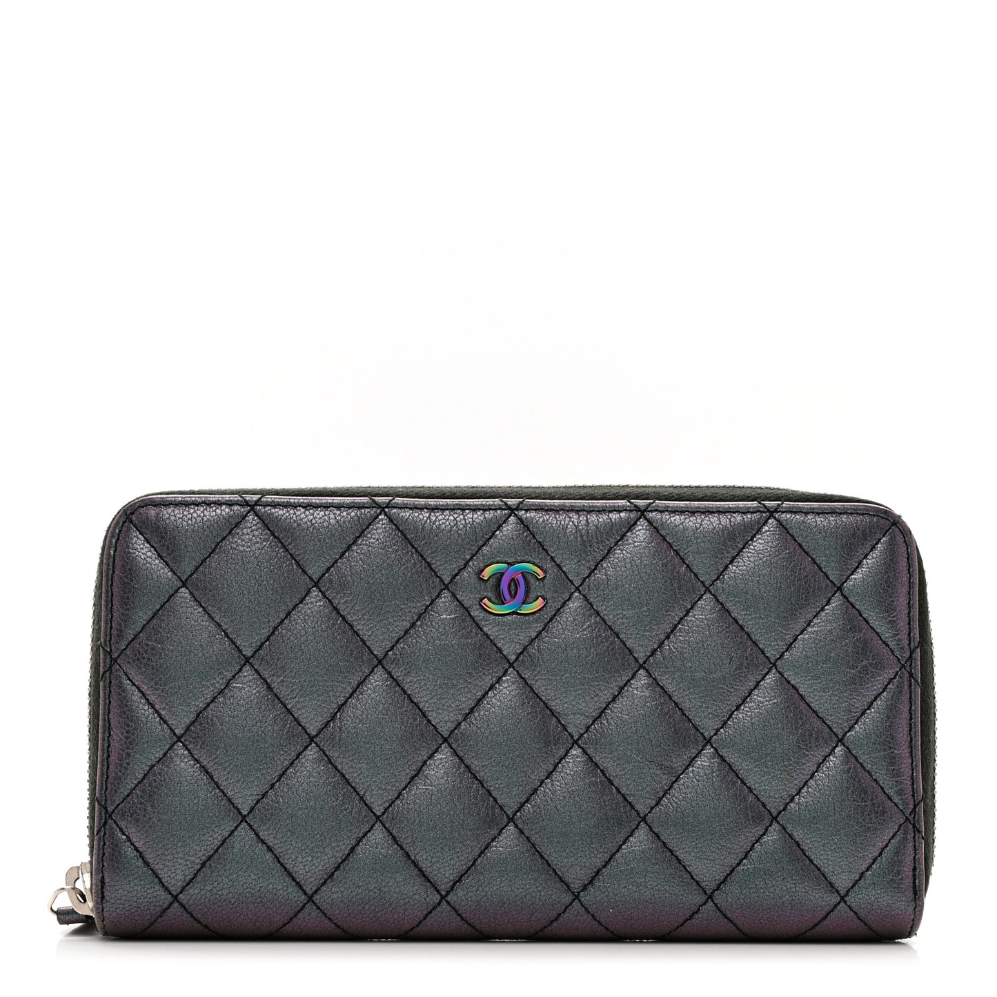 Iridescent Goatskin Quilted Large Zip Around Wallet Purple