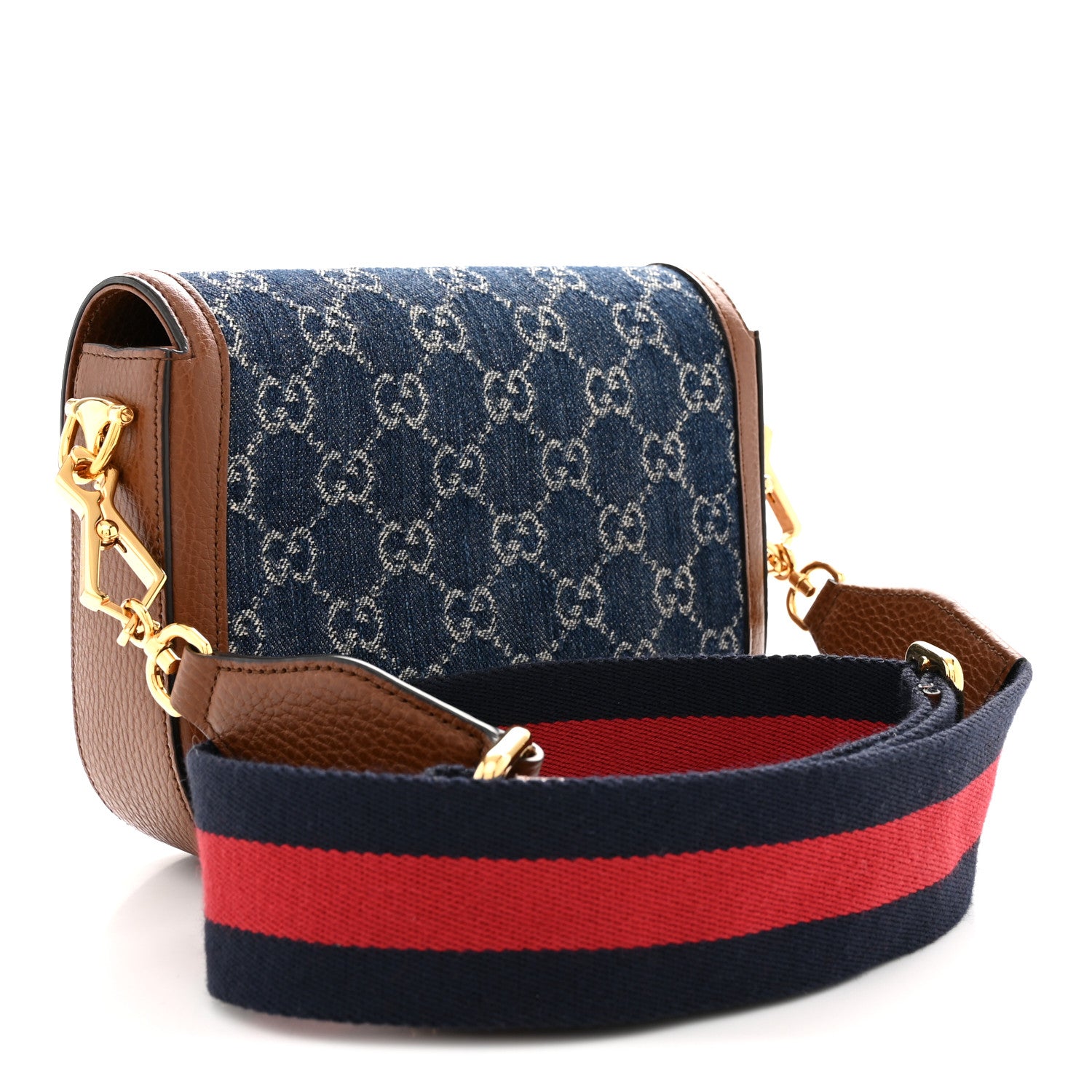 Gucci New Denim GG Monogram Dollar Calfskin Web Mini Horsebit 1955 Shoulder Bag Blue Tea Cuir Epilog 3 of 11