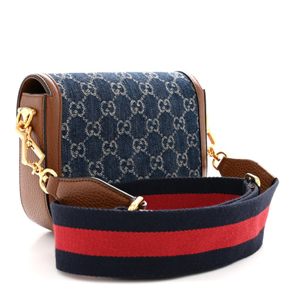 Gucci New Denim GG Monogram Dollar Calfskin Web Mini Horsebit 1955 Shoulder Bag Blue Tea Cuir Epilog 3 of 11