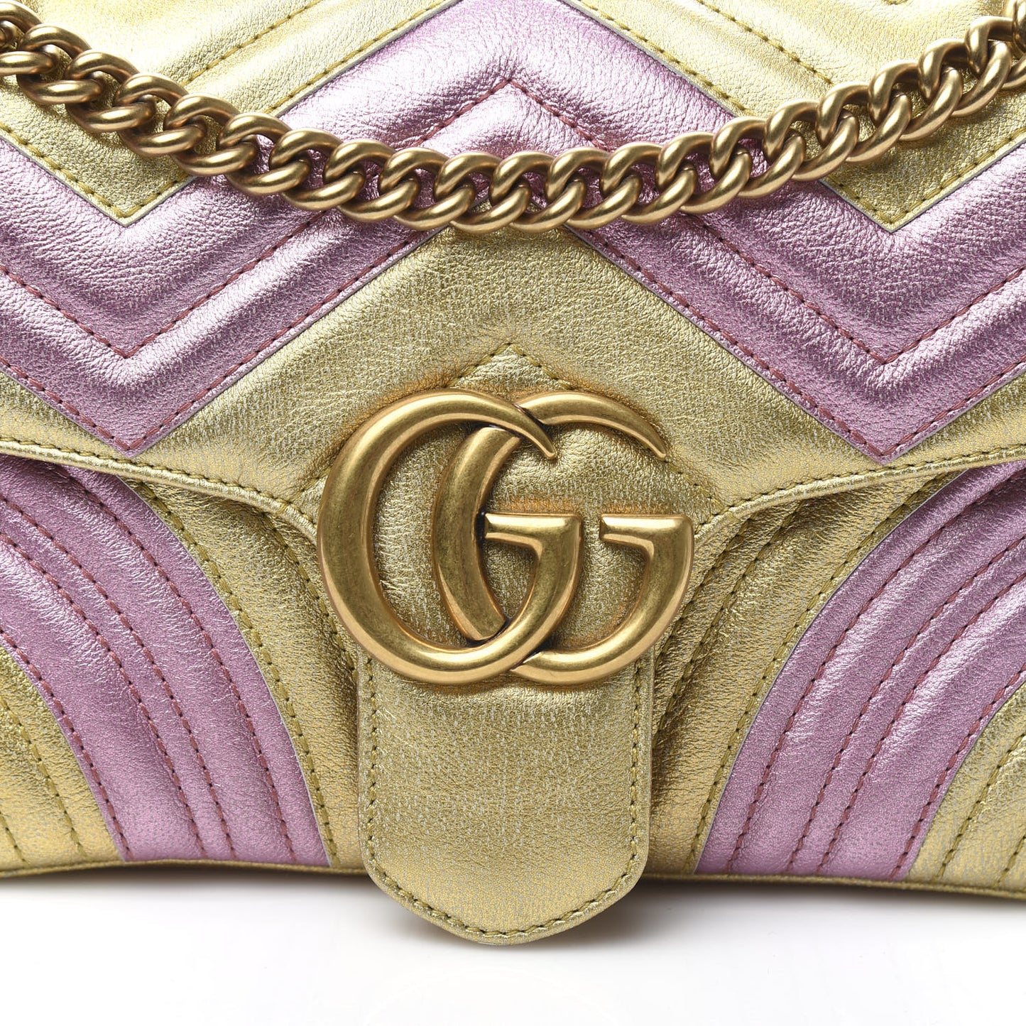 Metallic Calfskin Matelasse Small GG Marmont Shoulder Bag Gold Pink