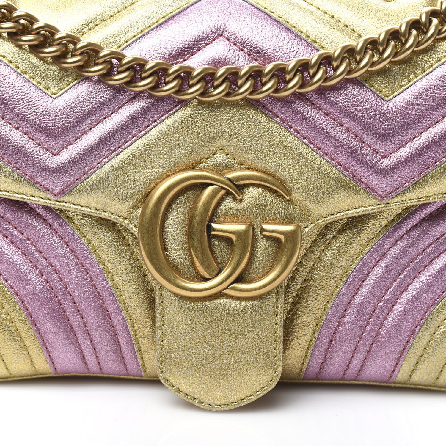 Gucci Metallic Calfskin Matelasse Small GG Marmont Shoulder Bag Gold Pink 10 of 11