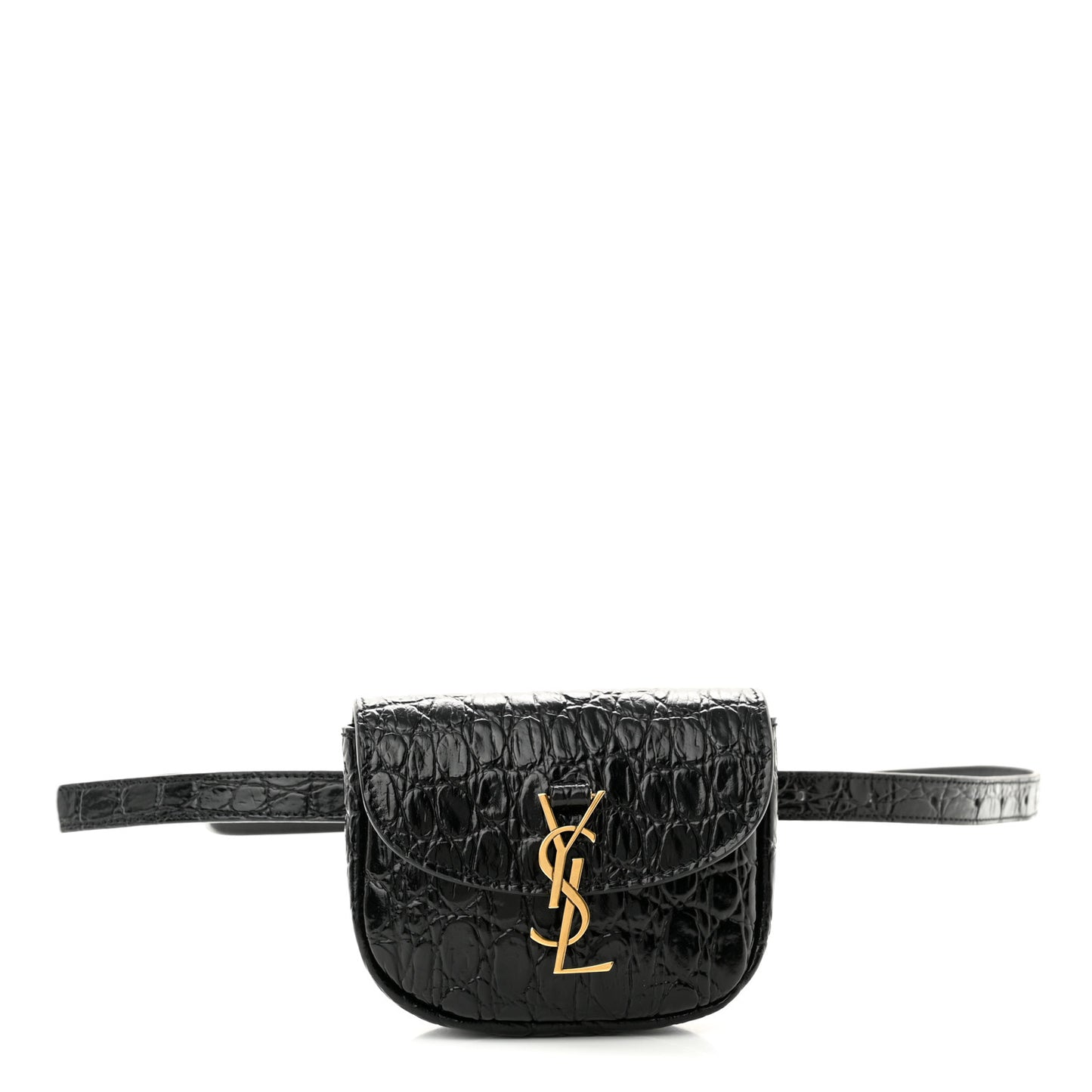 Shiny Calfskin Crocodile Embossed Monogram Kaia Belt Bag Black