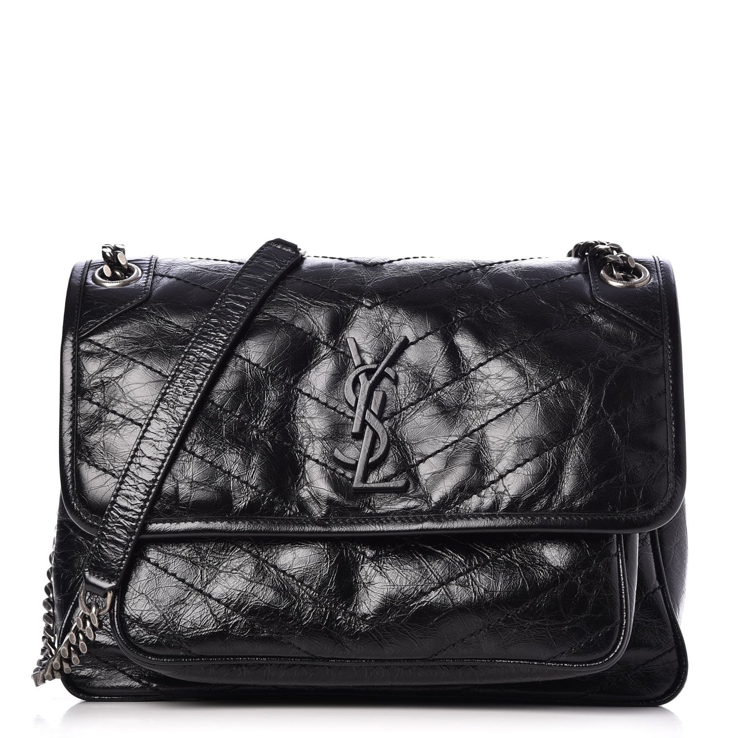 Crinkled Calfskin Matelasse Monogram Medium Niki Chain Satchel Black