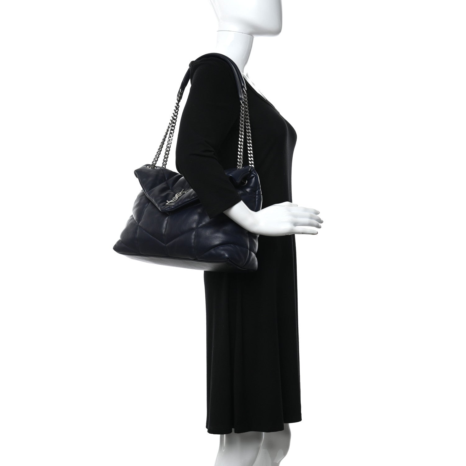 Saint Laurent Lambskin Quilted Medium Loulou Puffer Monogram Chain Satchel Navy 2 of 9