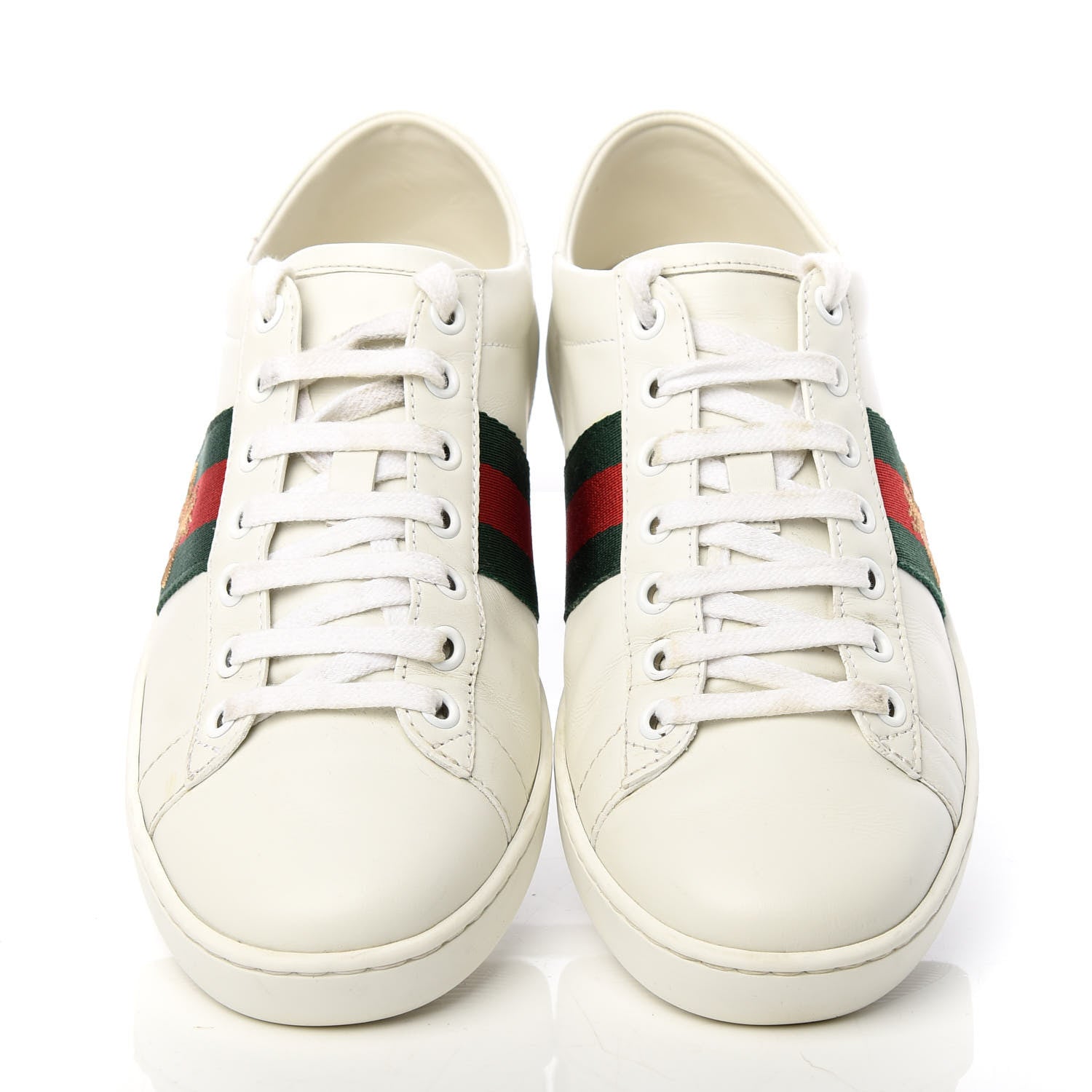Gucci Calfskin Web Bee Embroidered Womens Ace Sneakers 37 White Green 5 of 10