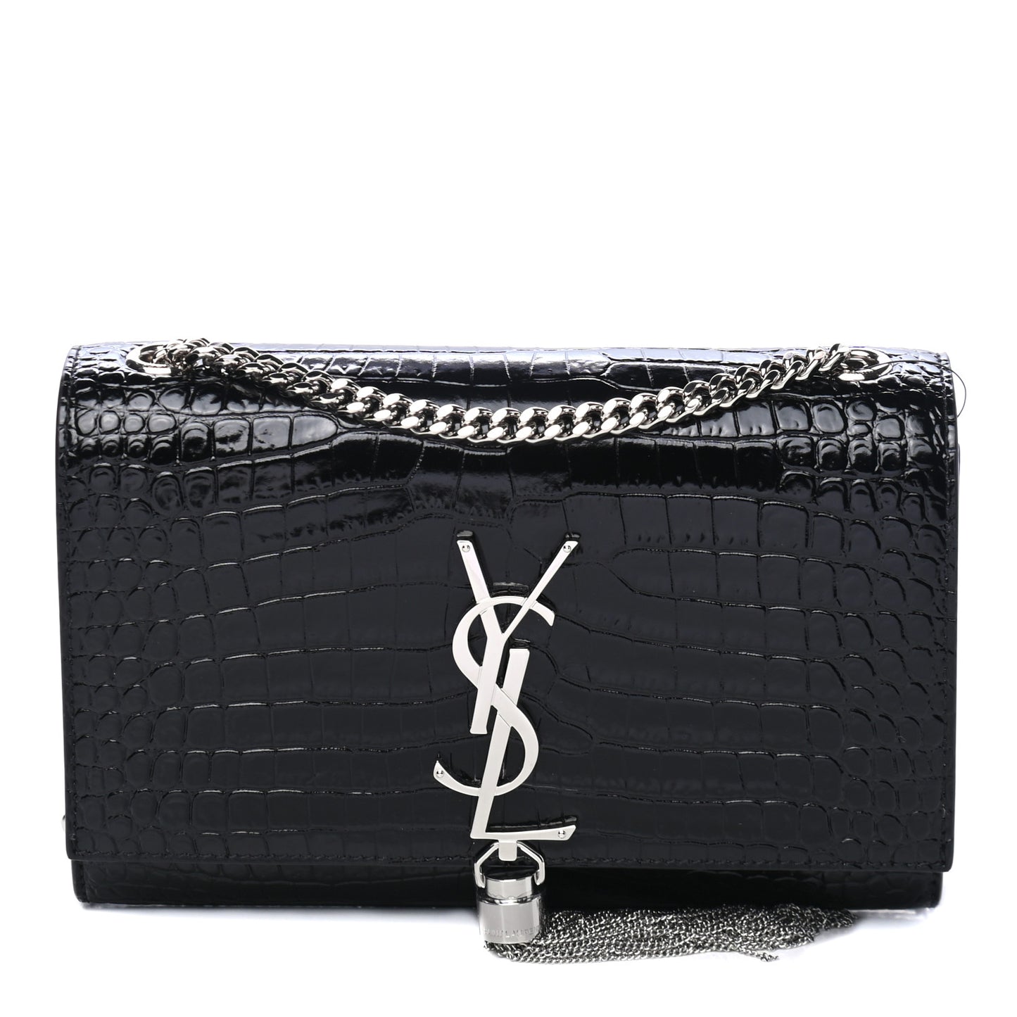 Calfskin Crocodile Embossed Small Classic Monogram Kate Tassel Satchel Black
