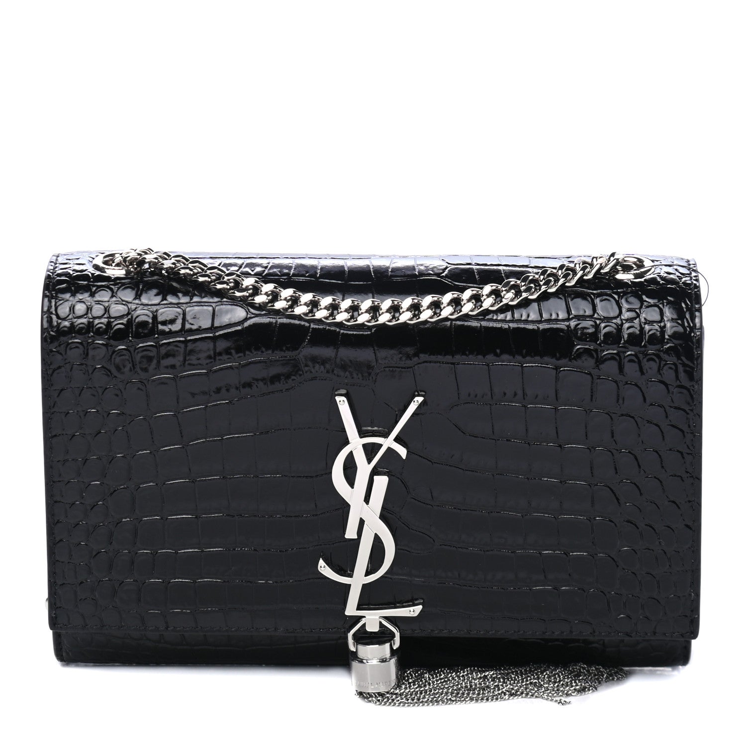 Saint Laurent Calfskin Crocodile Embossed Small Classic Monogram Kate Tassel Satchel Black 1 of 4