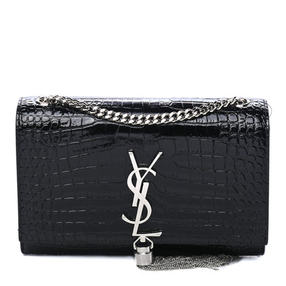 Saint Laurent Calfskin Crocodile Embossed Small Classic Monogram Kate Tassel Satchel Black 1 of 4