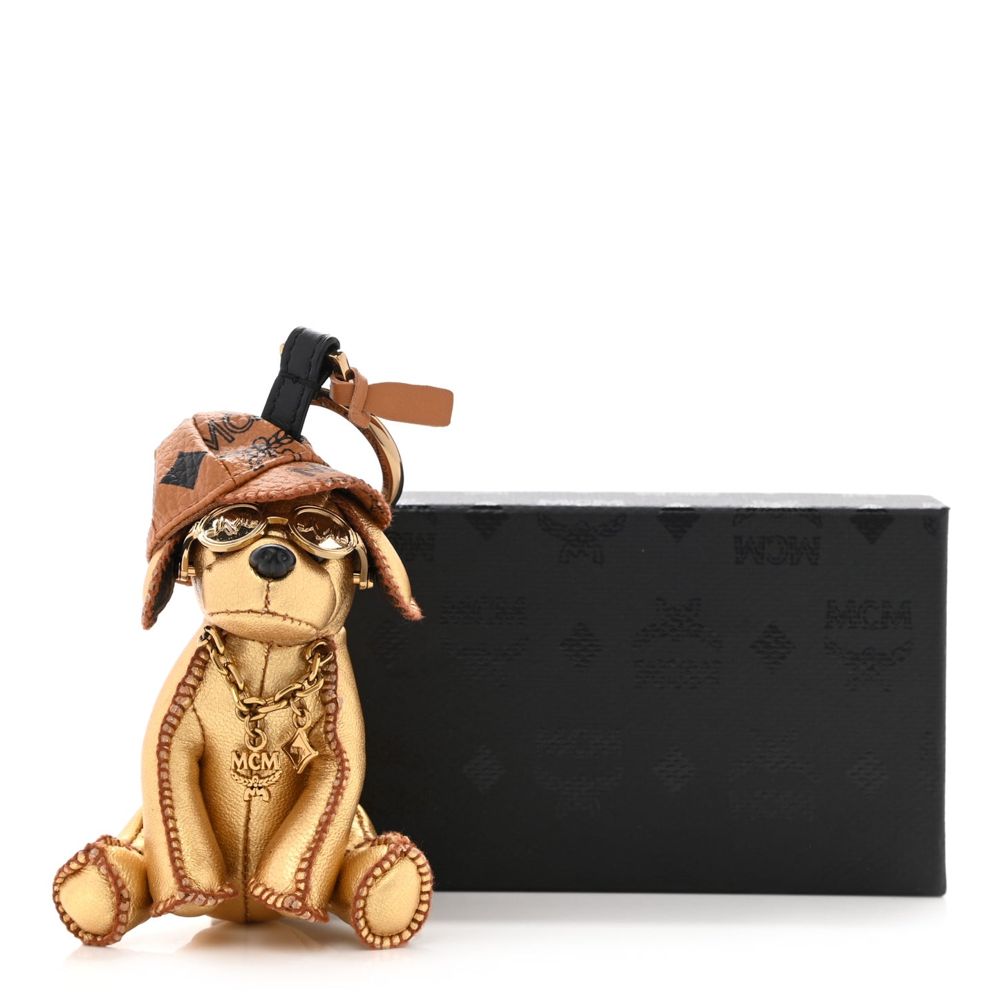 Metallic Visetos Dog Key Ring Bag Charm Gold Cognac