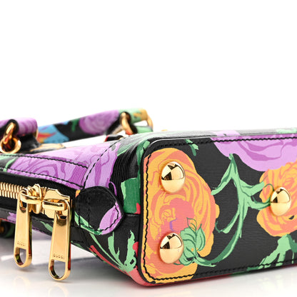 Gucci X KEN SCOTT New Shangai Calfskin Jenny Floral Print Mini Horsebit 1955 Top Handle Bag Black Pink 9 of 10