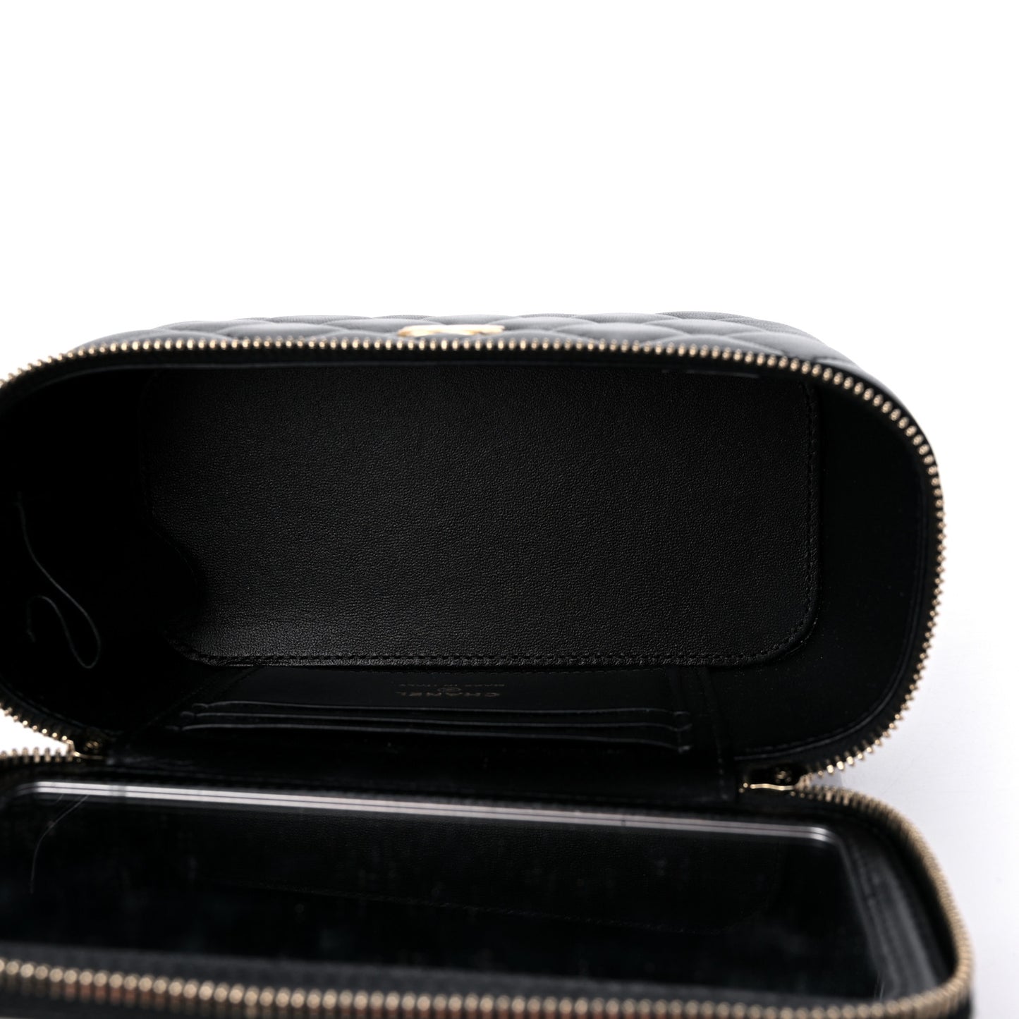 Lambskin Quilted Metal Small Top Handle Vanity Case With Chain Black