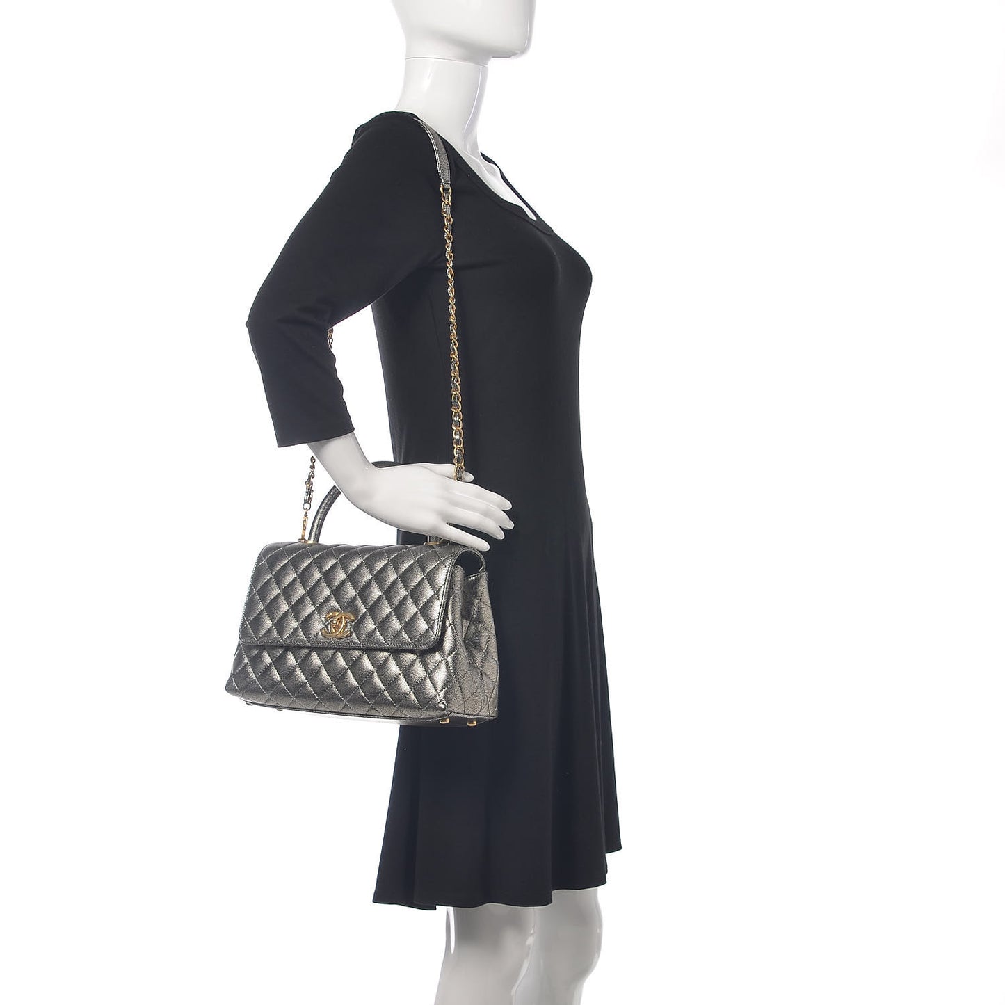 Metallic Caviar Quilted Small Coco Handle Flap Silver