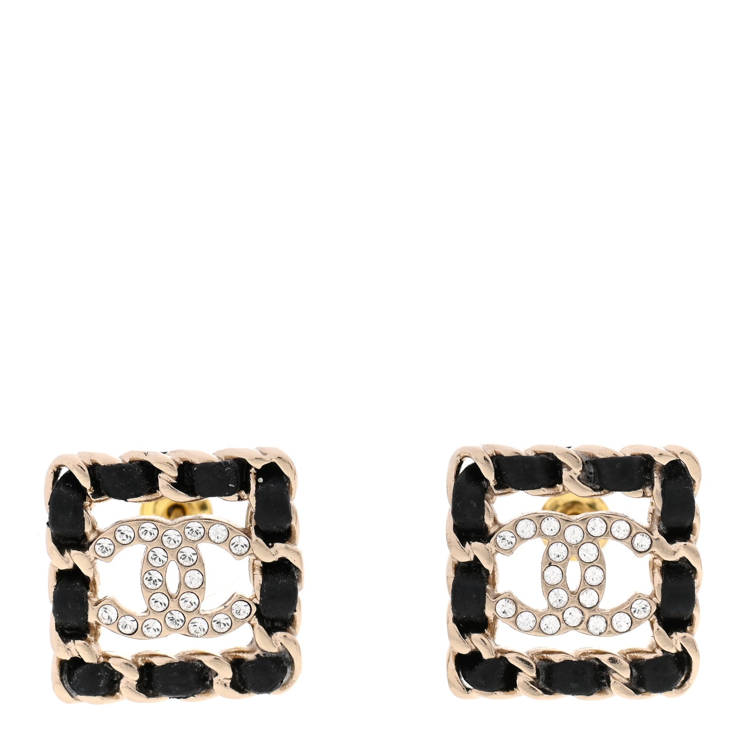 Crystal Lambskin Chain Sergeant Chanel Stud Earrings Black Gold