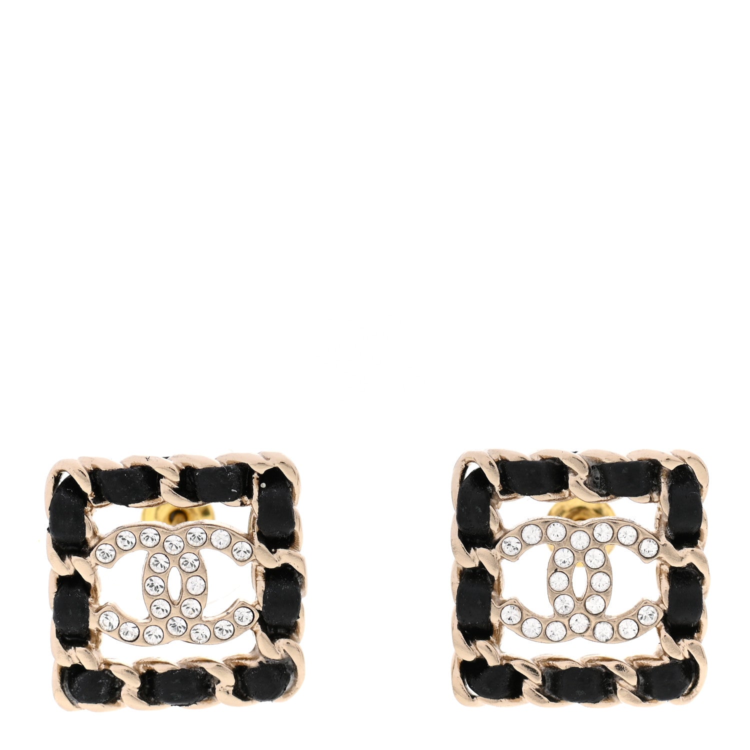 Chanel Crystal Lambskin Chain Sergeant Chanel Stud Earrings Black Gold 1 of 5