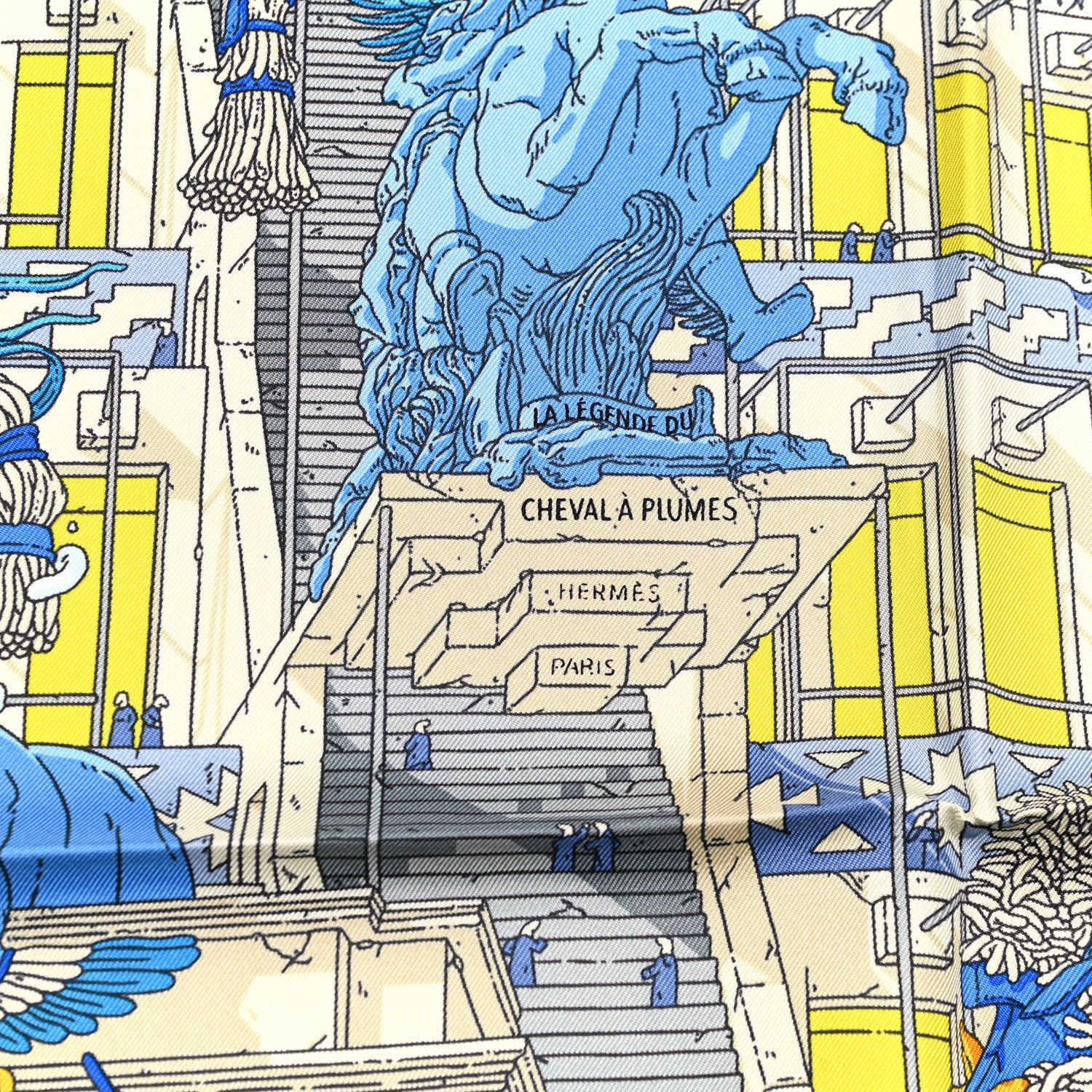 Hermes Silk La Legende Du Cheval A Plumes Scarf 90 Bleu Jaune Gold 2 of 4
