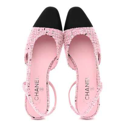 Chanel Tweed Grosgrain Cap Toe Slingback Flats 39 Pink White Black 2 of 10