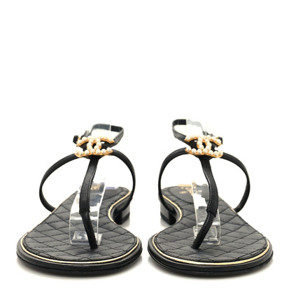 Chanel Lambskin Pearl CC Thong Sandals 37 Black Gold 2 of 8