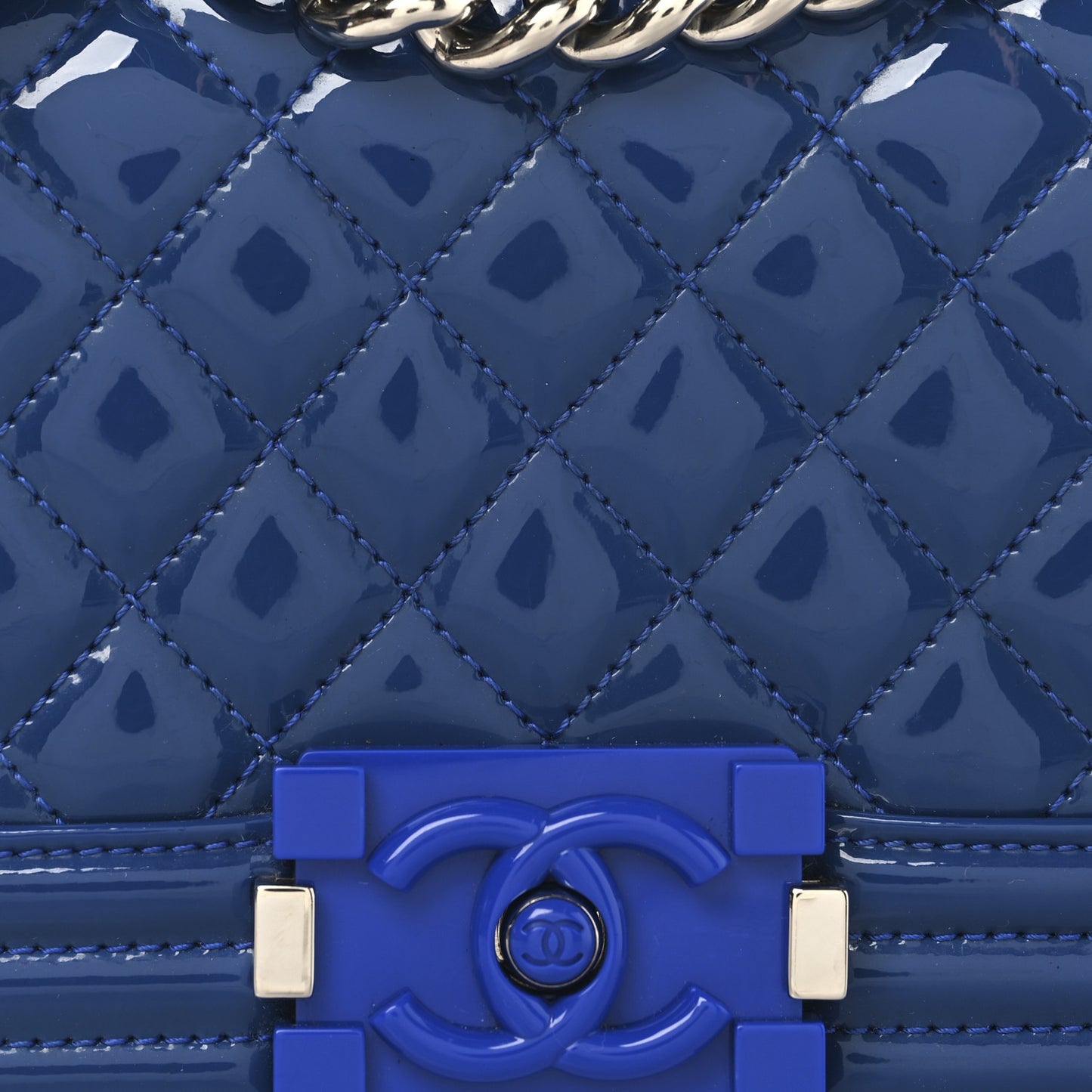 Patent Calfskin Quilted Small Plexiglass Boy Flap Blue Blue