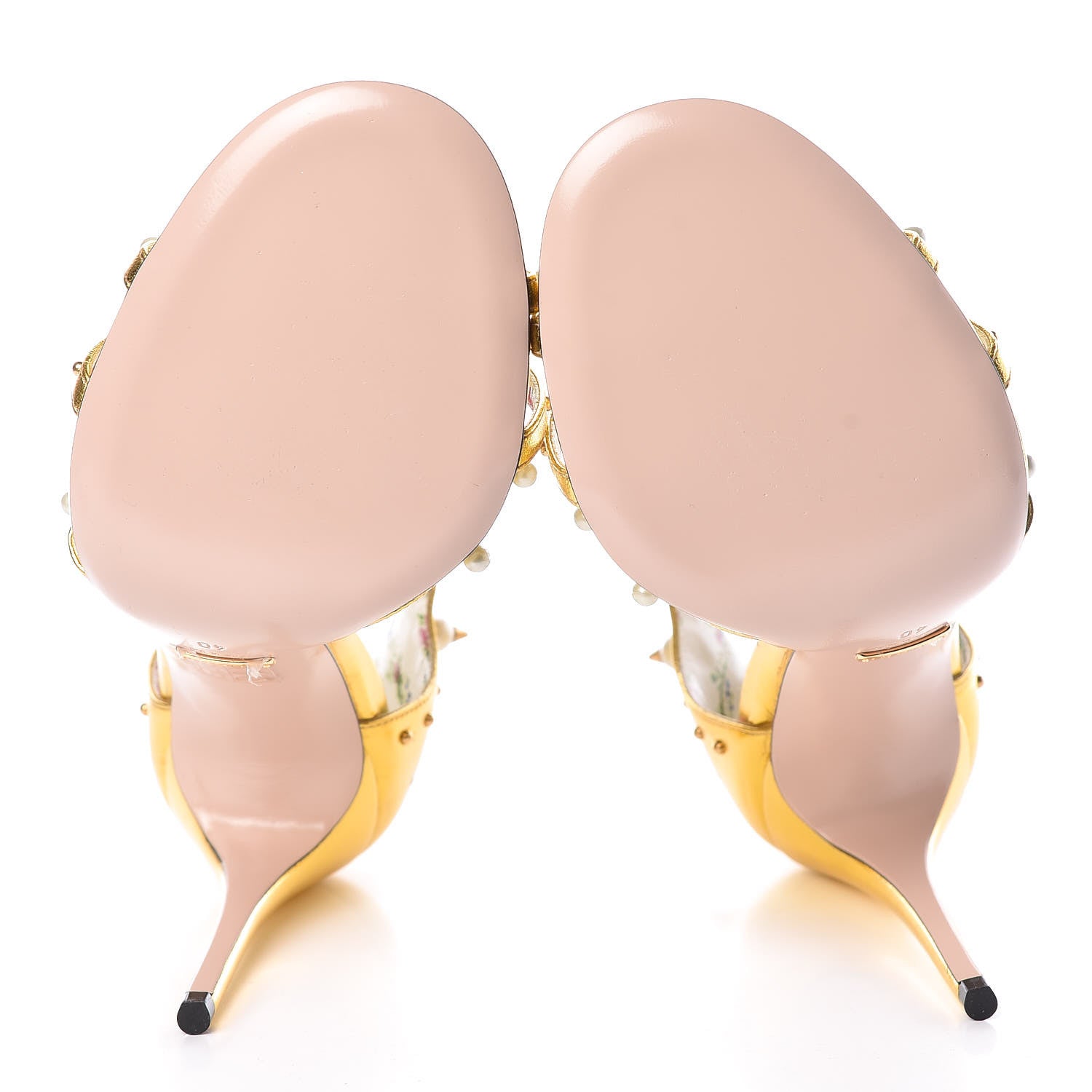Gucci Metallic Nappa Silk Pearl Studded Regina T-Strap High Heel Sandals 40 Oro Vecchio 5 of 8