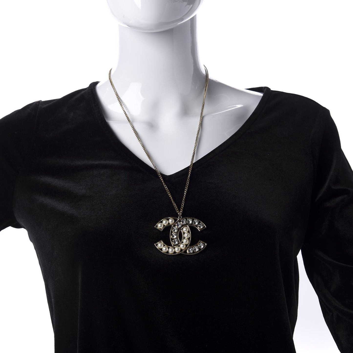 Pearl Crystal CC Pendant Necklace Gold
