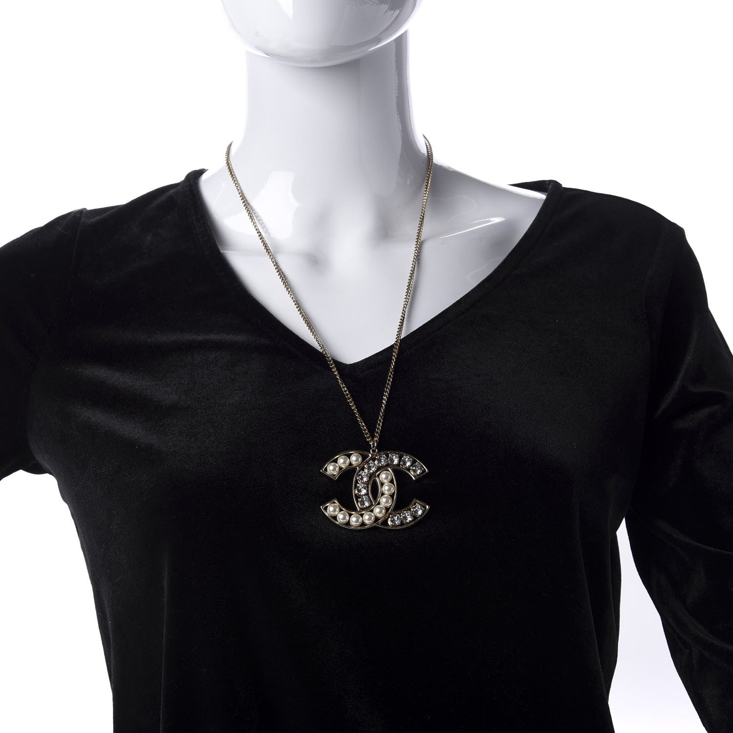 Chanel Pearl Crystal CC Pendant Necklace Gold 2 of 5