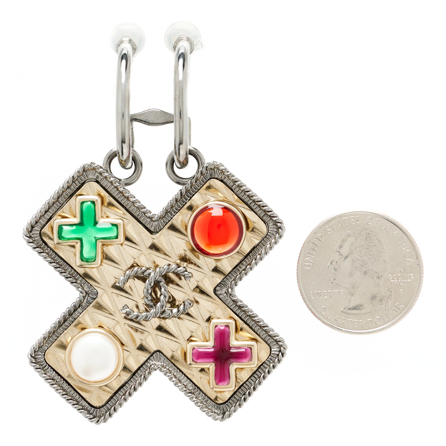 Chanel Crystal Baguette Pearl Cross Drop Clip On Earring Grey Black Silver 2 of 5