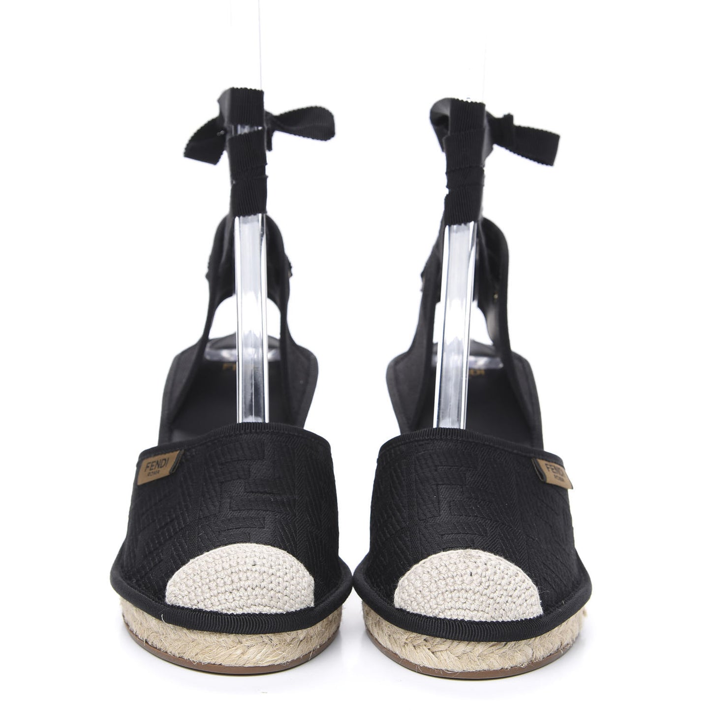 Canvas FF Embroidered Roma Ankle Wrap Espadrille Wedges 39 Black