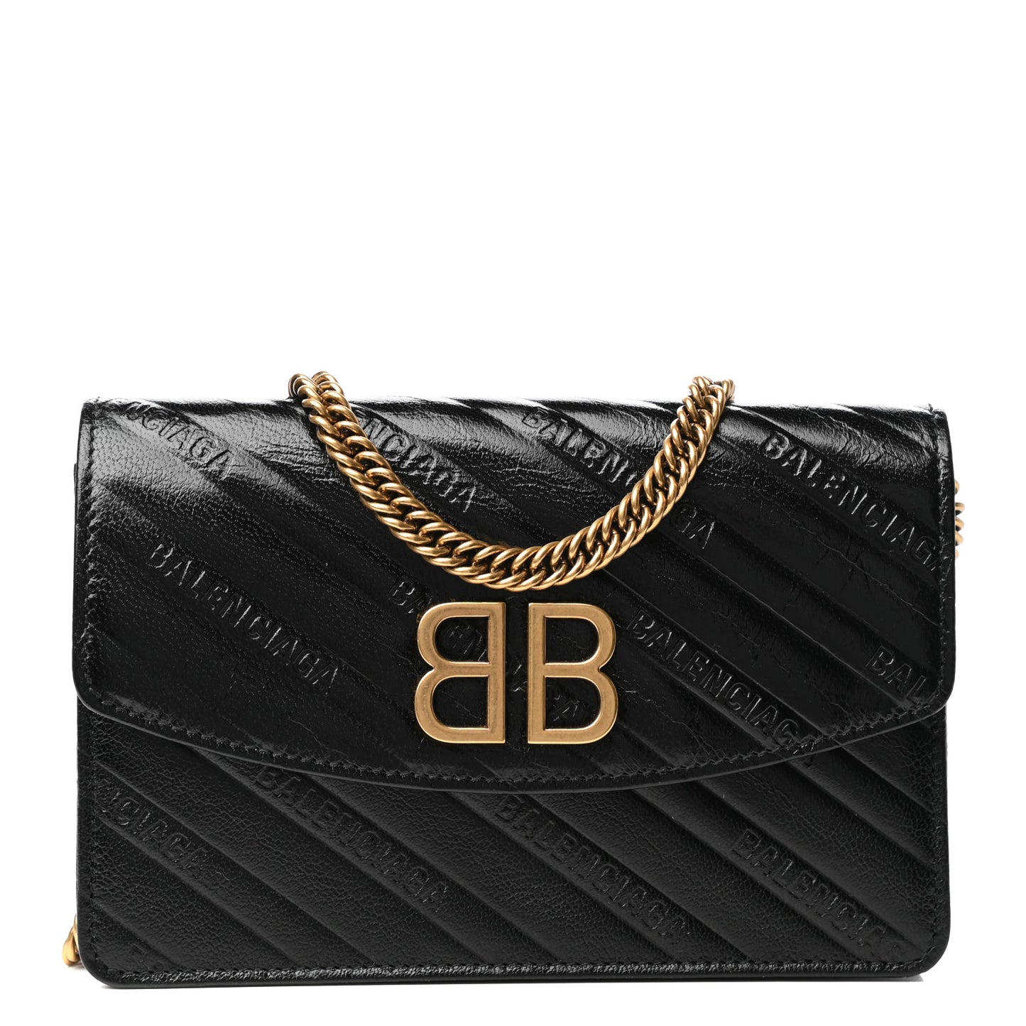 Shiny Goatskin Logo Embossed BB Wallet On Chain Black