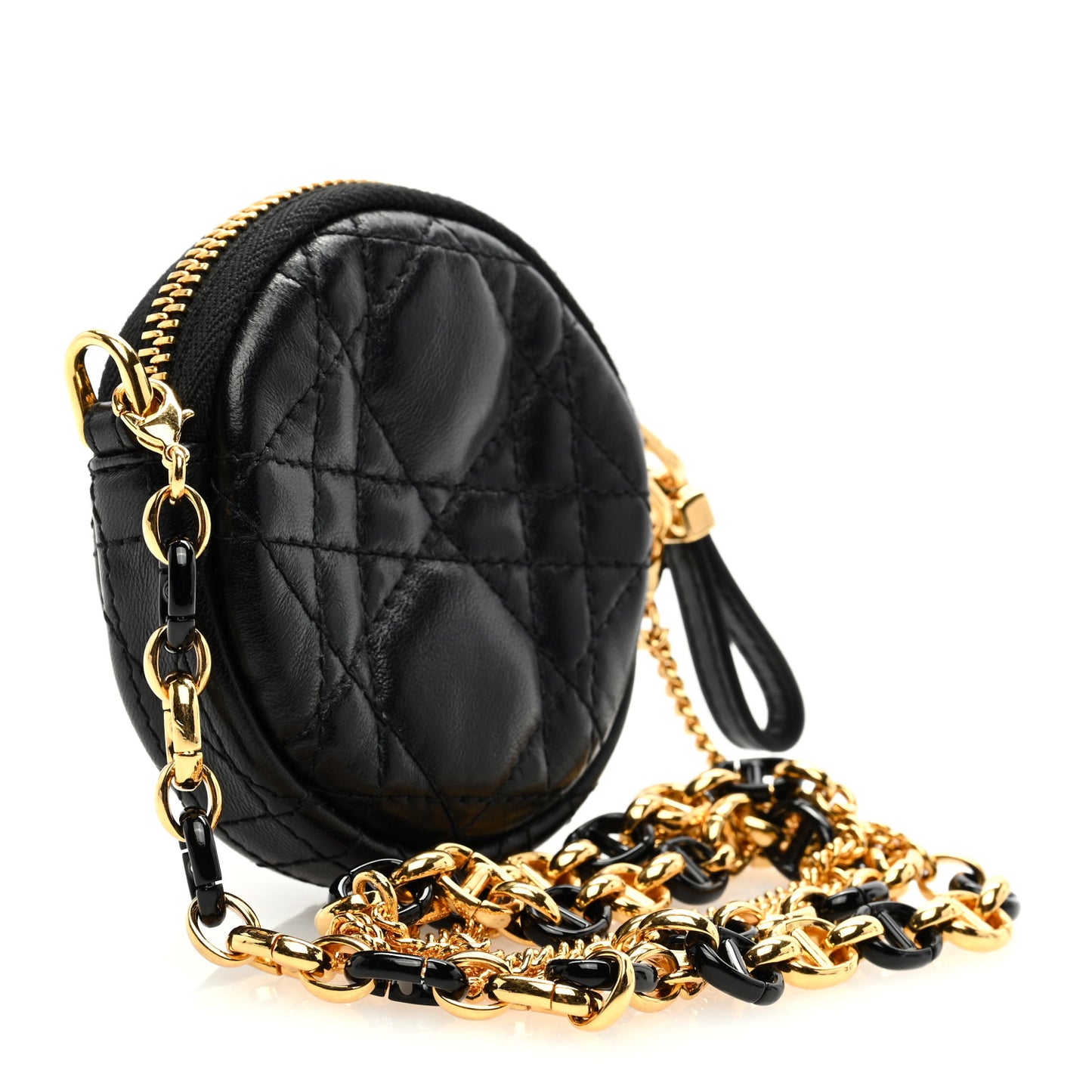 Lambskin Mini Cannage Round Caro Crossbody Pouch Black